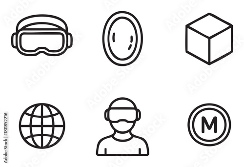 Collection of black line art icons representing metaverse and virtual reality concepts, including a headset, avatar, globe, and 3D cube symbol