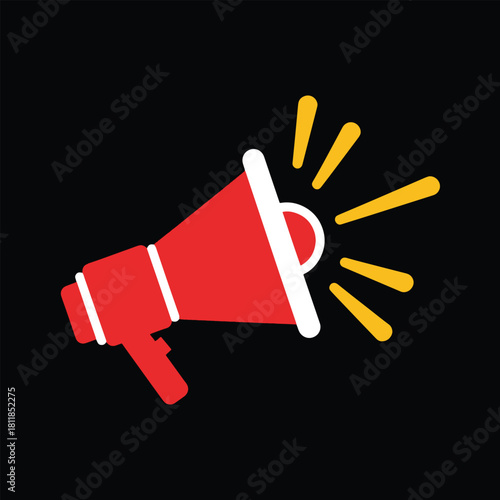 Red megaphone with white accents and yellow sound waves on black background bullhorn loudspeaker