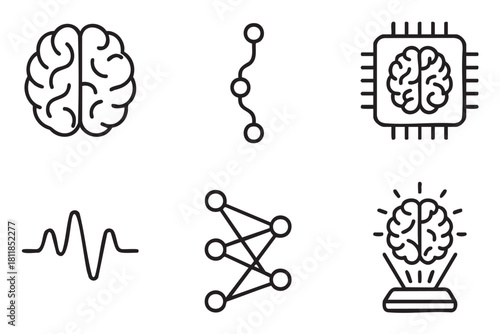 Set of minimalist black line icons representing artificial intelligence, machine learning, and neuroscience, including a brain, microchip, neural network, and brainwave symbol