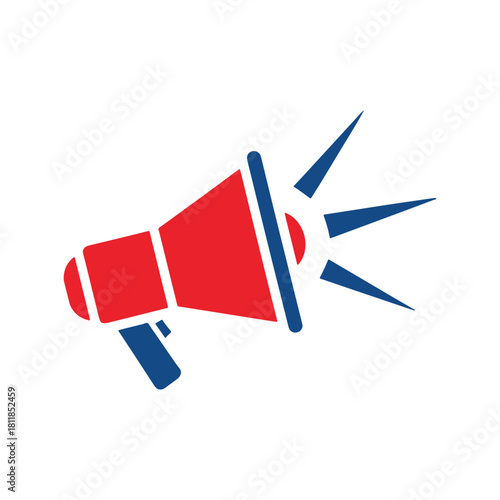 Red and blue megaphone icon with sound waves on white background bullhorn speaker