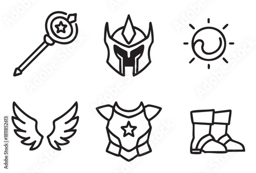 Collection of fantasy role-playing game icons in a simple line art style, featuring a magic scepter, warrior helmet, sun symbol, angel wings, chest armor, and boots