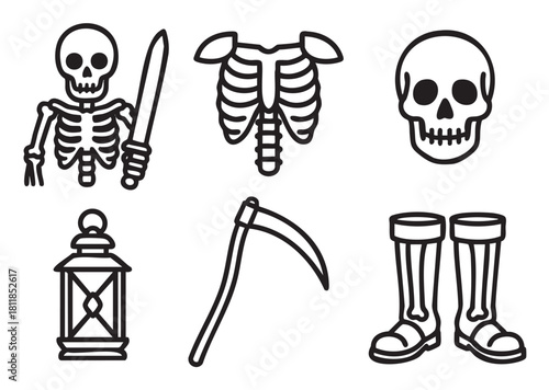 Set of black and white line art icons for Halloween, featuring a skeleton with a sword, a skull, a rib cage, a scythe, a lantern, and spooky boots