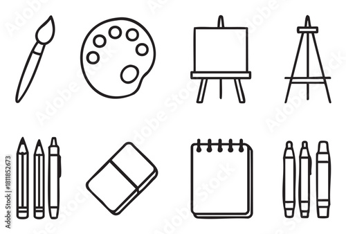 Collection of black and white line art icons representing various art supplies, including a paintbrush, palette, easel, pencils, crayons, and sketchbook