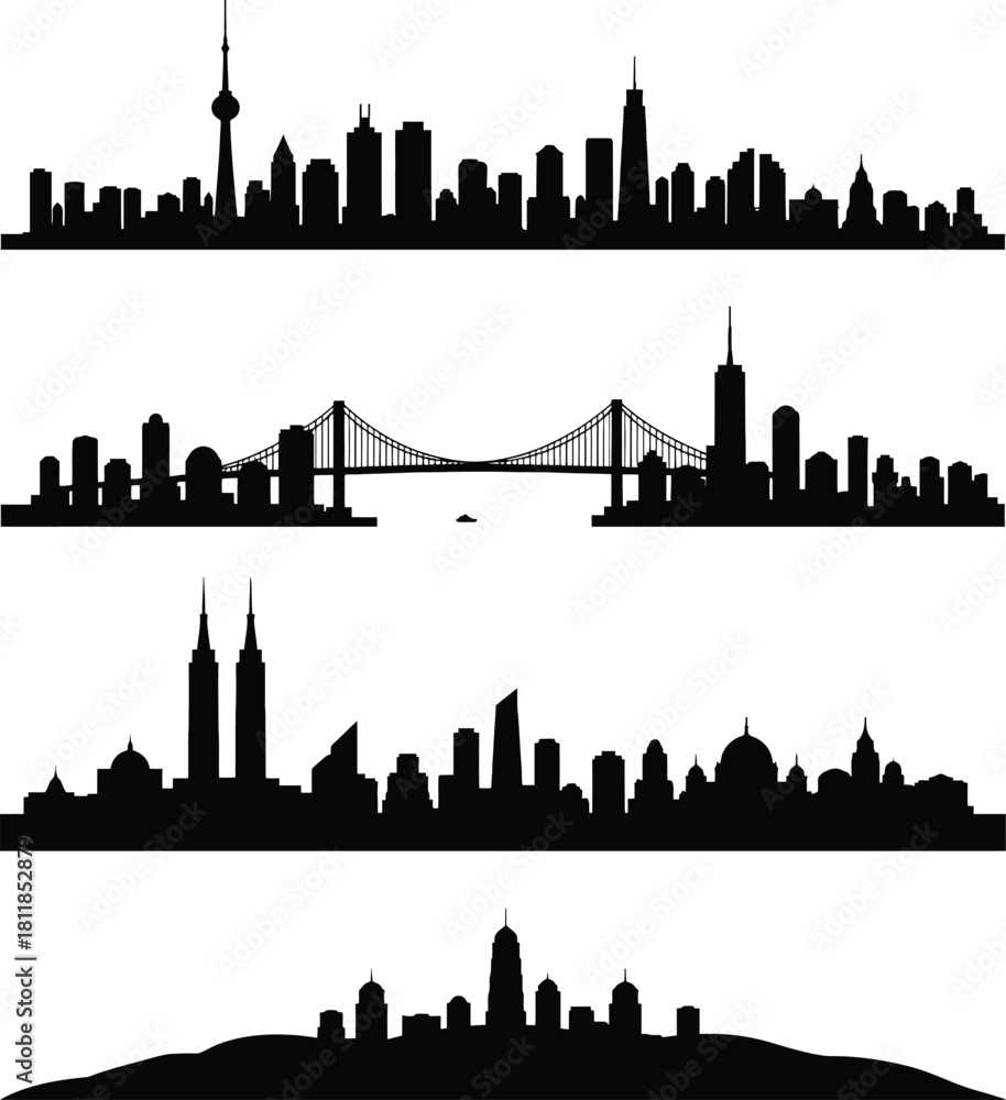 Naklejka premium Silhouettes of city skylines with bridges and iconic buildings on white background Keywords: city, skyline, silhouette, urban, architecture, buildings