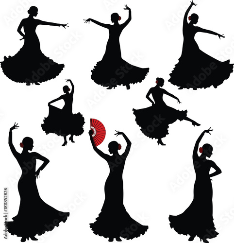 Silhouettes of Flamenco Dancers in Various Poses with Red Fan on White Background Keywords: flamenco, dancer, silhouette, woman, dance, performer