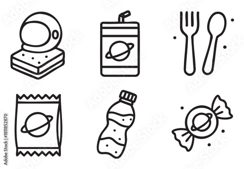 Collection of minimalist vector icons depicting cosmic-themed food and drinks, featuring an astronaut helmet, planetary snacks, and cutlery in a simple black outline style on white
