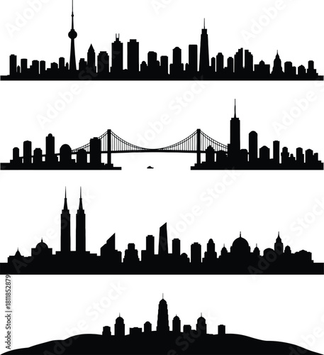 Silhouettes of city skylines with bridges and iconic buildings on white background Keywords: city, skyline, silhouette, urban, architecture, buildings