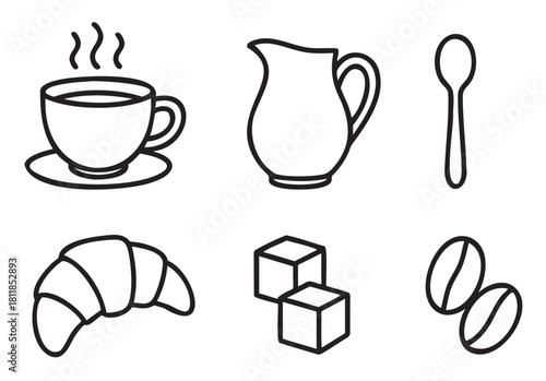 Set of minimalist black line art icons for a coffee shop, including a steaming cup, croissant, milk jug, sugar cubes, spoon, and coffee beans