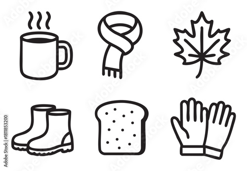 Set of six simple black outline icons symbolizing the autumn season, including a steaming mug, warm scarf, leaf, rubber boots, toast, and gloves, in a clean graphic style