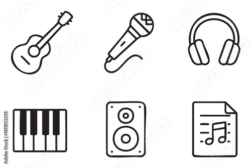 Set of hand-drawn music and audio icons, including a guitar, microphone, headphones, piano keys, speaker, and sheet music