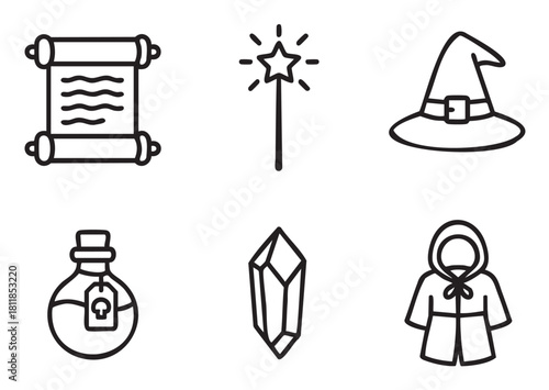 Minimalist icon set for fantasy role-playing games, featuring a scroll, magic wand, wizard hat, potion, crystal, and hooded cloak, all in a clean black outline style