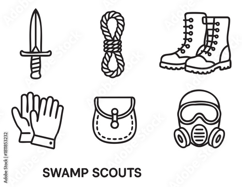 Set of black outline icons for military, survival, and adventure themes, featuring a dagger, rope, boots, gloves, pouch, and gas mask