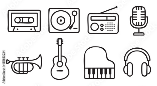 Collection of simple black line art icons representing music and audio equipment, including a cassette, turntable, radio, microphone, trumpet, guitar, piano, and headphones