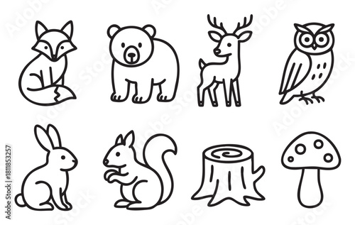 Collection of cute woodland animal and nature icons, including a fox, bear, deer, owl, rabbit, and squirrel, in a simple black and white line art style