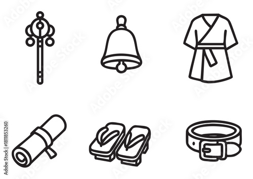 Set of six black and white line art icons representing traditional Asian cultural and spiritual items like a staff, bell, robe, scroll, sandals, and belt