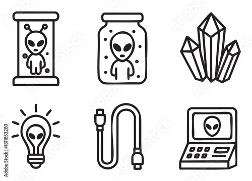 Collection of hand-drawn science fiction icons in a simple black outline style, including an alien in a stasis pod, a futuristic computer, crystals, and a lightbulb with an extraterrestrial face