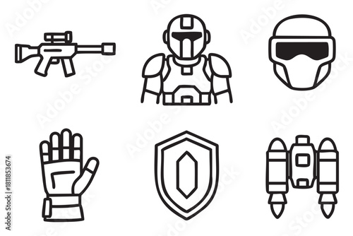 Set of black line art icons depicting futuristic warrior equipment, including a helmet, armor, blaster rifle, gauntlet, shield, and jetpack, for a science fiction or video game theme