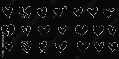 Black crayon hand drawn hearts set. Childish doodled heart collection. Grunge rough brush stroke romance love element pack for collage, poster, sticker. Sketched wax pencil symbols. Vector valentine 