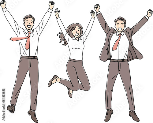 Happy Business People Jumping in Air with Arms Raised in Celebration