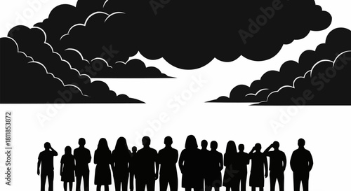 Diverse group of people standing together under dark stormy clouds.