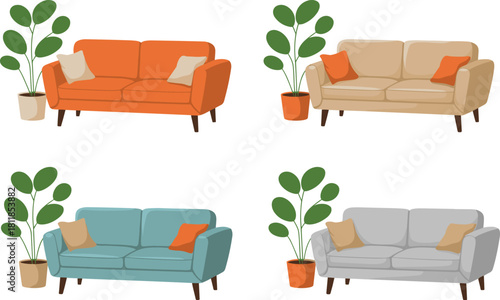 Modern sofa set with houseplants, colorful couch interior design, cozy living room furniture arrangement, stylish decoration - cad drawing flat vector illustration