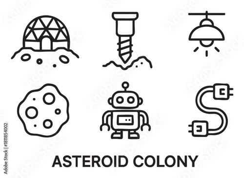 Set of black and white line art icons representing an asteroid colony concept with a dome habitat, mining drill, robot, and power supply elements