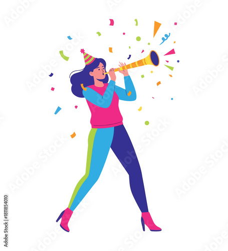 Joyful woman celebrating special event with confetti and party horn, creating a vibrant and energetic atmosphere full of fun and excitement during the festivity