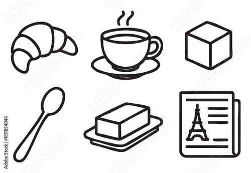 Set of black line art icons representing a classic European breakfast with a croissant, hot coffee, butter, sugar cube, spoon, and a newspaper with a famous landmark tower