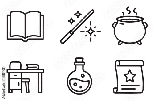 Collection of black line art icons representing magic, wizardry, and fantasy themes, including a spellbook, wand, cauldron, potion, scroll, and a desk