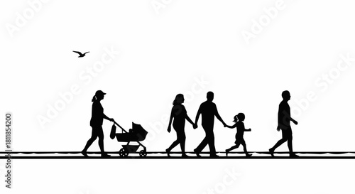 Black silhouette of a multi generational family walking together in a line.