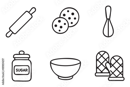 Simple black outline doodle icons representing baking and cooking essentials like a rolling pin, cookies, whisk, sugar, mixing bowl, and oven mitts