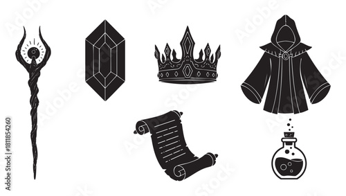 Collection of black silhouette fantasy icons for a role-playing game, including a magic staff, crystal, royal crown, wizard cloak, ancient scroll, and potion bottle