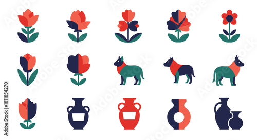Collection of stylized floral and animal illustrations, featuring flowers, vases, and a dog-like creature in a flat, geometric design.