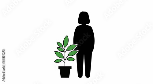 Silhouette of a person standing next to a potted plant.