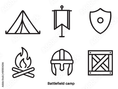 Vector icon set for a military or historical battlefield camp, including a tent, banner, shield, campfire, helmet, and crate, presented in a clean outline style on white