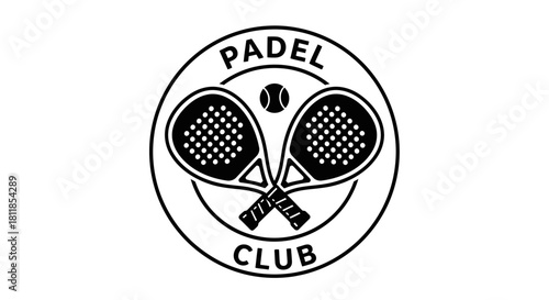 A black and white circular logo for a padel club featuring two crossed padel rackets and a ball.