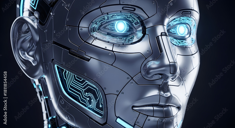 Fototapeta premium Futuristic Robotic Face with Glowing Eyes and Integrated Circuits