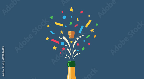 A champagne bottle pops open with a burst of colorful confetti and streamers against a dark blue background.