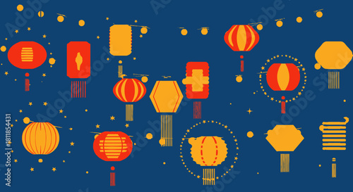 A vibrant collection of traditional Chinese paper lanterns in various shapes and colors against a dark blue background.
