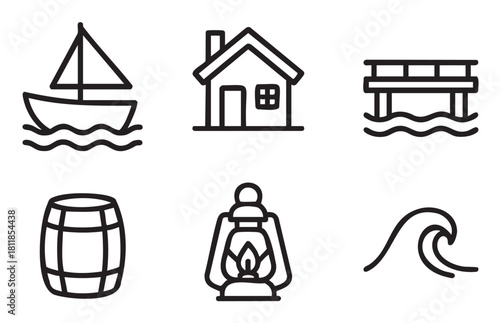 Graphic illustration of six coastal life symbols, with a sailboat, seaside house, wooden pier, barrel, vintage lantern, and water wave icon set in a clean line art style