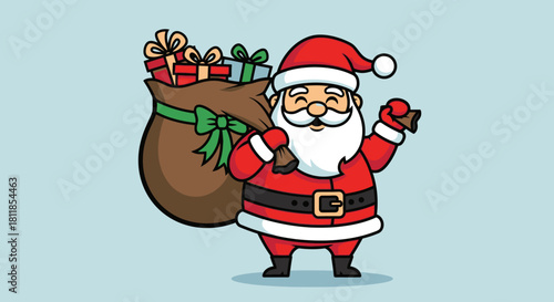 A cheerful cartoon illustration of Santa Claus carrying a sack full of presents on his back, wearing his iconic red suit and hat.
