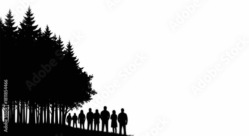Silhouetted figures stand before a forest, observing the natural world, contemplating.