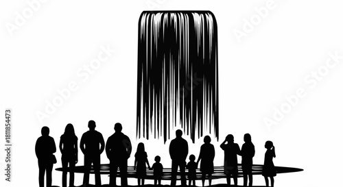 People observing a modern waterfall sculpture in a public space.