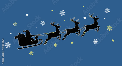 Silhouette of Santa Claus in a sleigh with reindeer flying across a snowy night sky.