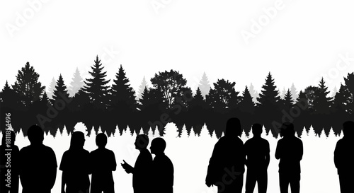 Silhouettes of People Gathering in Front of a Forest.