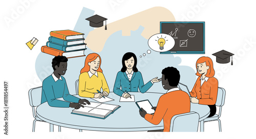 Diverse group of professionals collaborating around a round table, discussing ideas with educational symbols in the background.