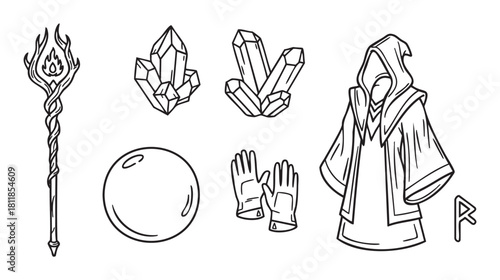 Set of fantasy role-playing game icons featuring a mage's staff, crystal ball, robe, and ancient rune, illustrated in a simple black and white outline style