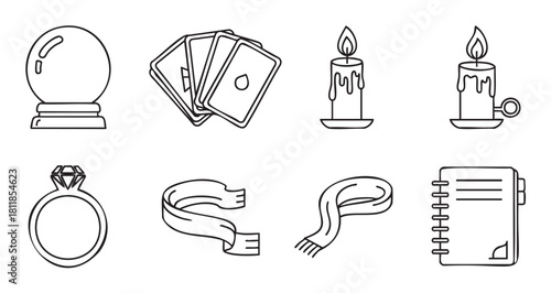 Set of minimalist black and white line art icons featuring mystical and everyday objects like a crystal ball, playing cards, candles, a diamond ring, scarves, and a notebook