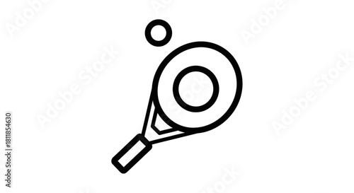 A simple black and white line art icon depicting a tennis racket about to hit a small round ball.