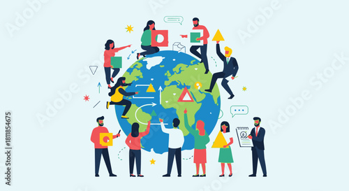 Diverse group of people collaborating around a stylized globe, symbolizing global teamwork and interconnectedness.